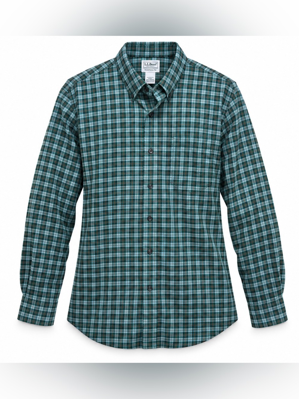 L.L.Bean Men’s L Tall Plaid Button Down Shirt Green Blue 100% Cotton